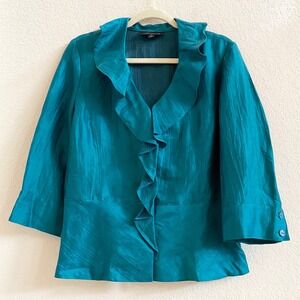 Classiques Entier Atelier Teal Ruffle Front Linen Blend Blouse Top Medium